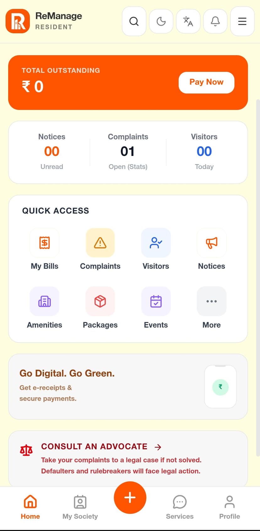 Resident mobile app — visitor approvals, bill payments, quick actions