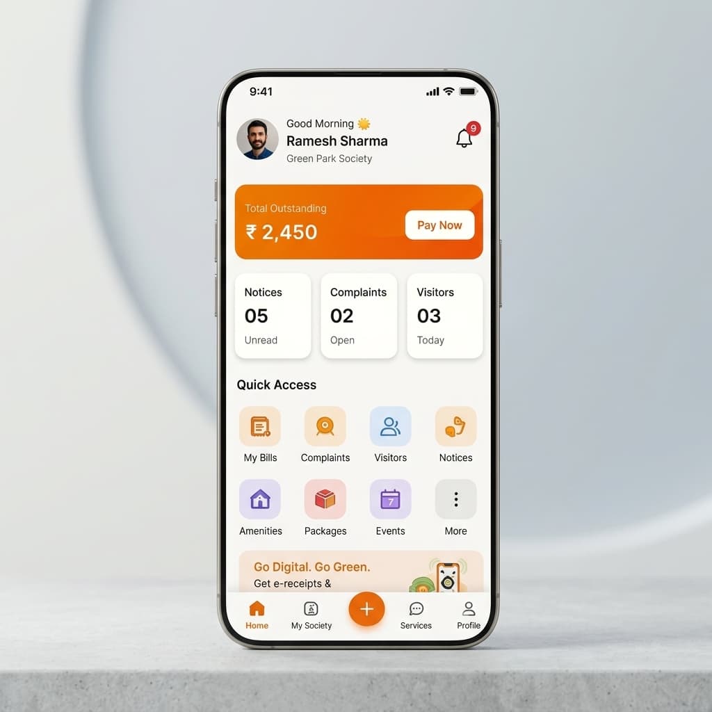 ReManage Society mobile app - resident dashboard, visitor approvals, bill payments